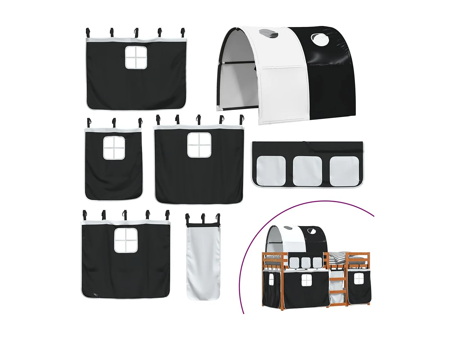 Kinderbett-Etagenbett-Bettgestell mit Vorhängen Weiß Schwarz 90x200 cm Kiefernholz SHL144519