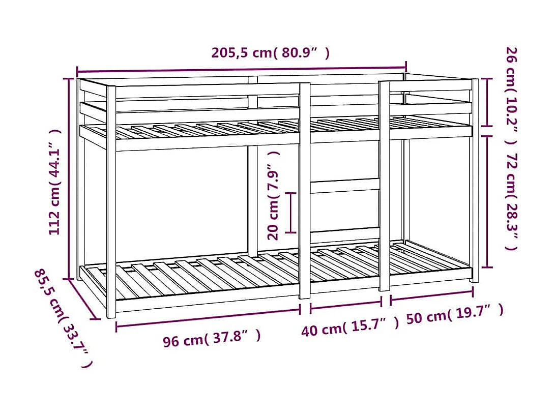 Bettgestell | Kinderbett | Etagenbett 80x200 cm Massivholz Kiefer SHL688563