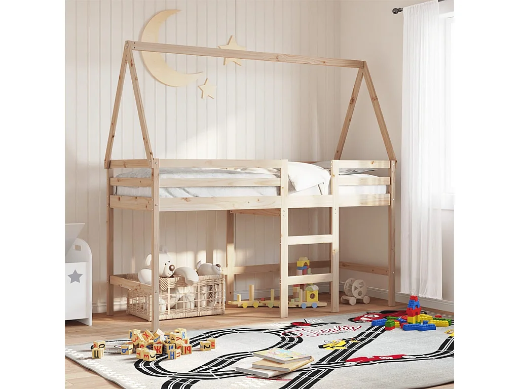 Einzelbett | Bettgestell | Hochbett mit Leiter und Dach 90x200 cm Massivholz Kiefer SHL4416
