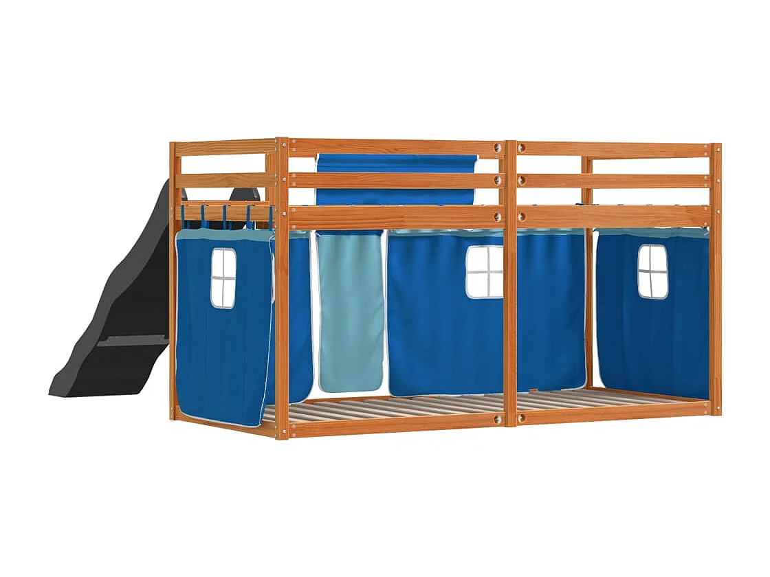 Lit simlpe-Lit superposé enfant-Cadre de lit sans matelas avec toboggan et rideaux 90x200 cm