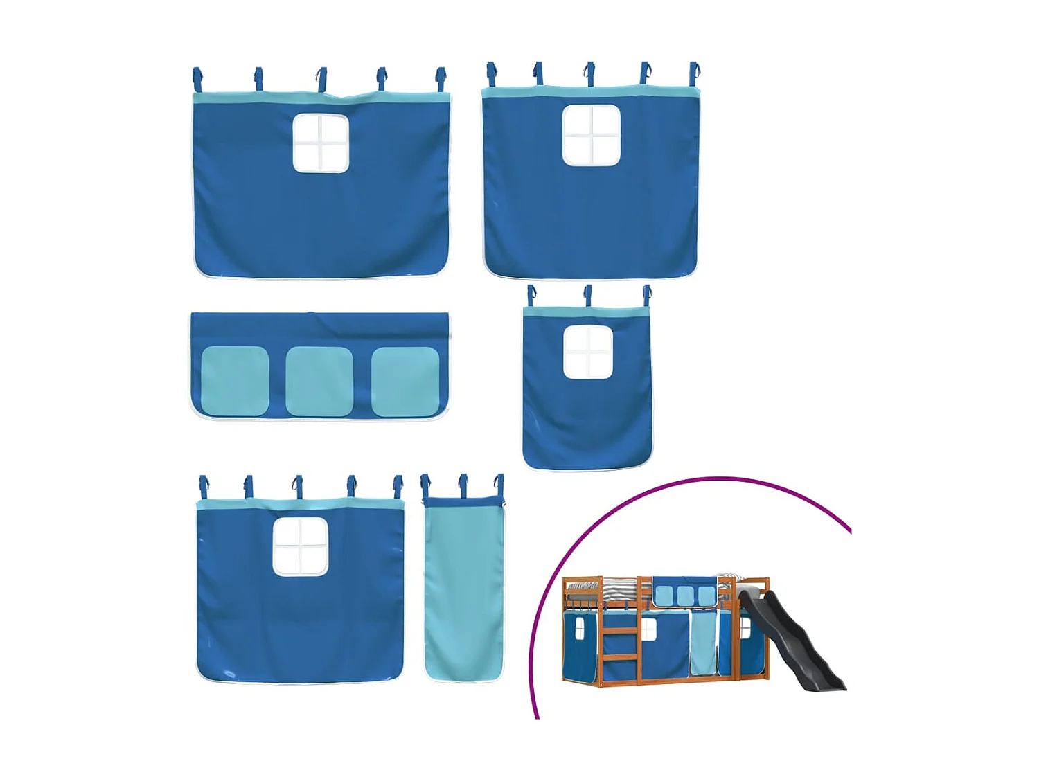 Kinderbett-Etagenbett-Bettgestell mit Rutsche und Gardinen Blau 90x200 cm SHL750081