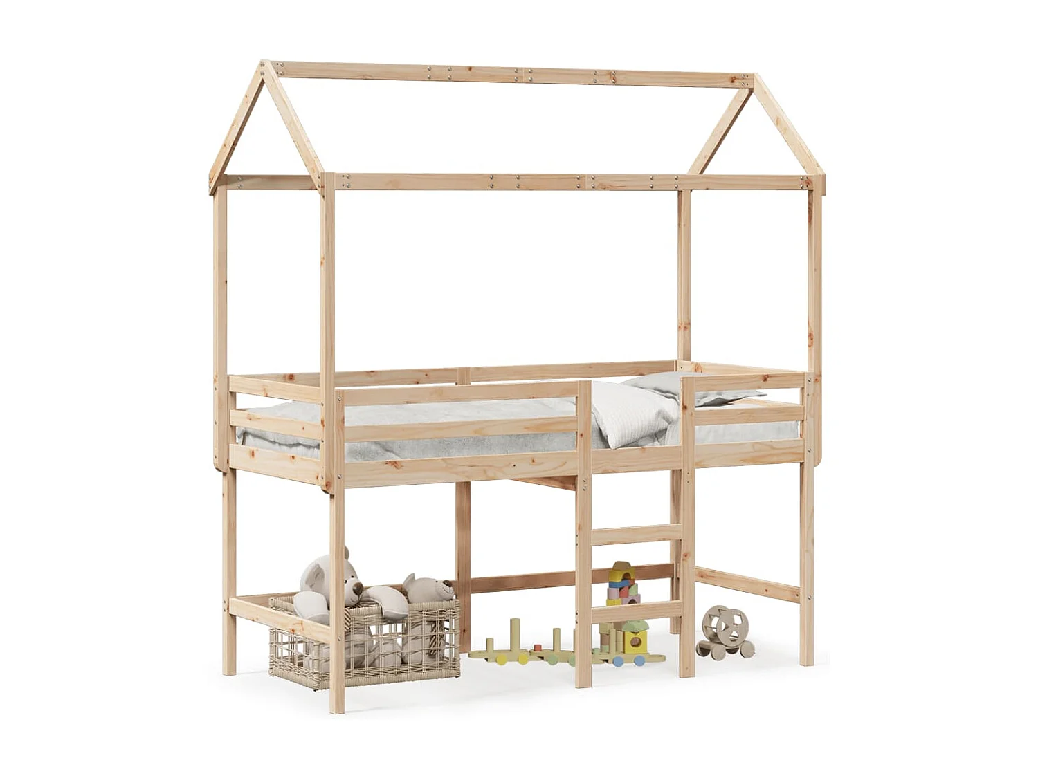 Lit simple-Lit superposé enfant avec échelle et toit sans matelas 90x190 cm