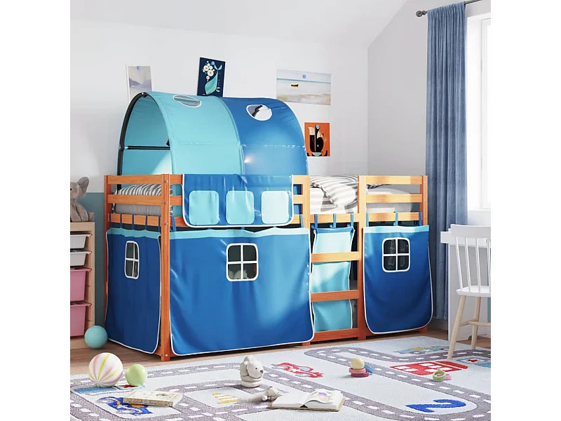 Bettgestell | Kinderbett | Etagenbett mit Vorhängen Blau 90x190 cm Massivholz Kiefer SHL440523