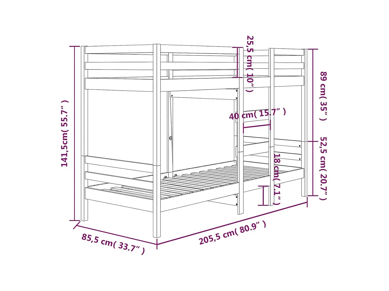 Lit simple-Lit superposé enfant sans matelas blanc 80x200 cm bois de pin massif