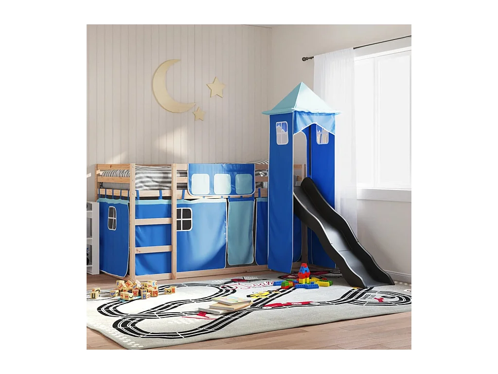 Lit simlpe-Lit superposé enfant-Cadre de lit sans matelas avec toboggan et rideaux 90x200 cm