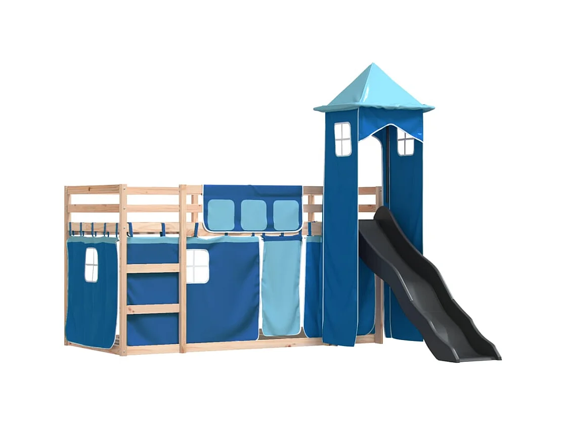 Lit simlpe-Lit superposé enfant-Cadre de lit sans matelas avec toboggan et rideaux 90x200 cm