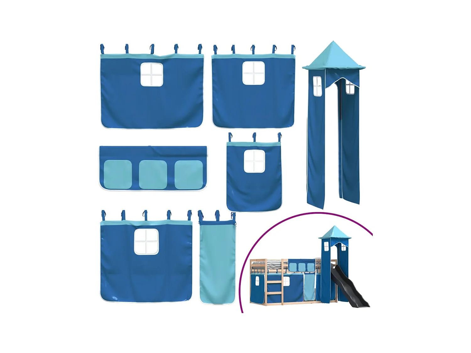 Lit simlpe-Lit superposé enfant-Cadre de lit sans matelas avec toboggan et rideaux 90x200 cm