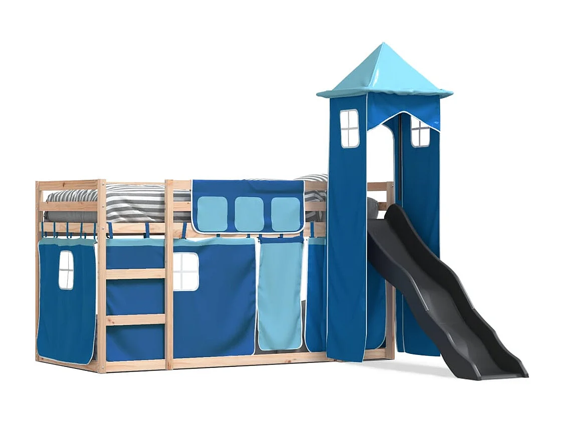 Litera para niños | Litera con tobogán y cortinas azul 90x200 cm SHL32704