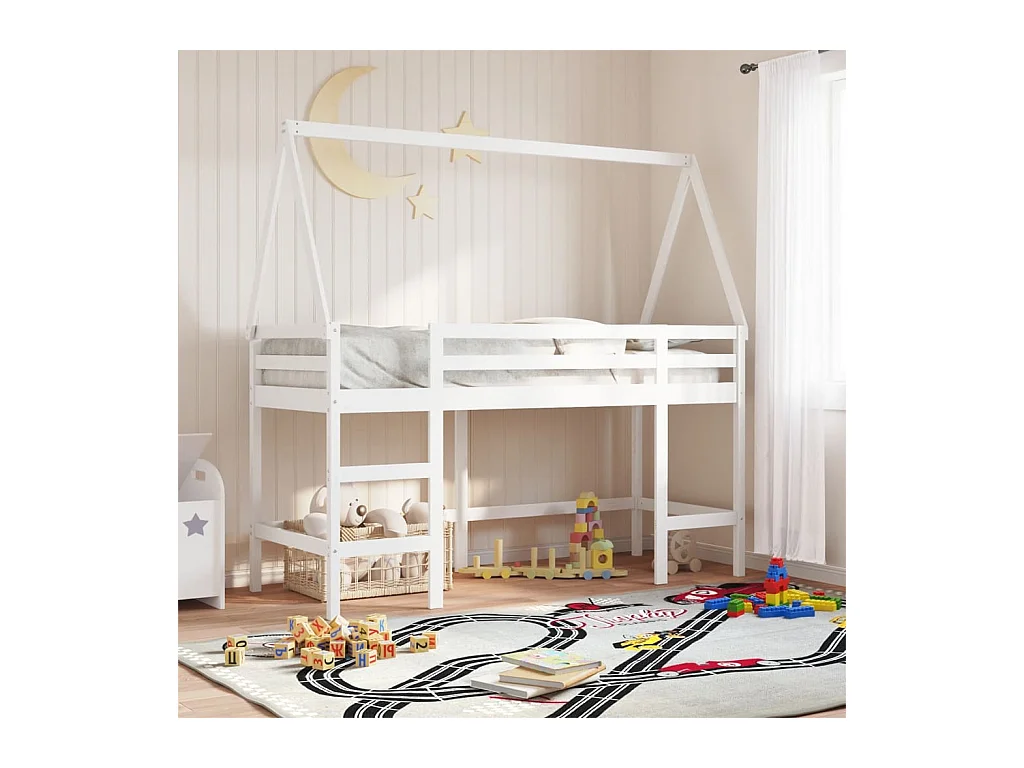 Lit simple-Lit superposé enfant avec échelle et toit sans matelas blanc 80x200 cm