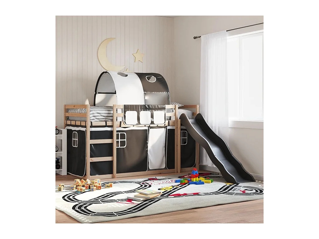 Lit simple-Lit superposé enfant sans matelas avec toboggan blanc noir 80x200 cm