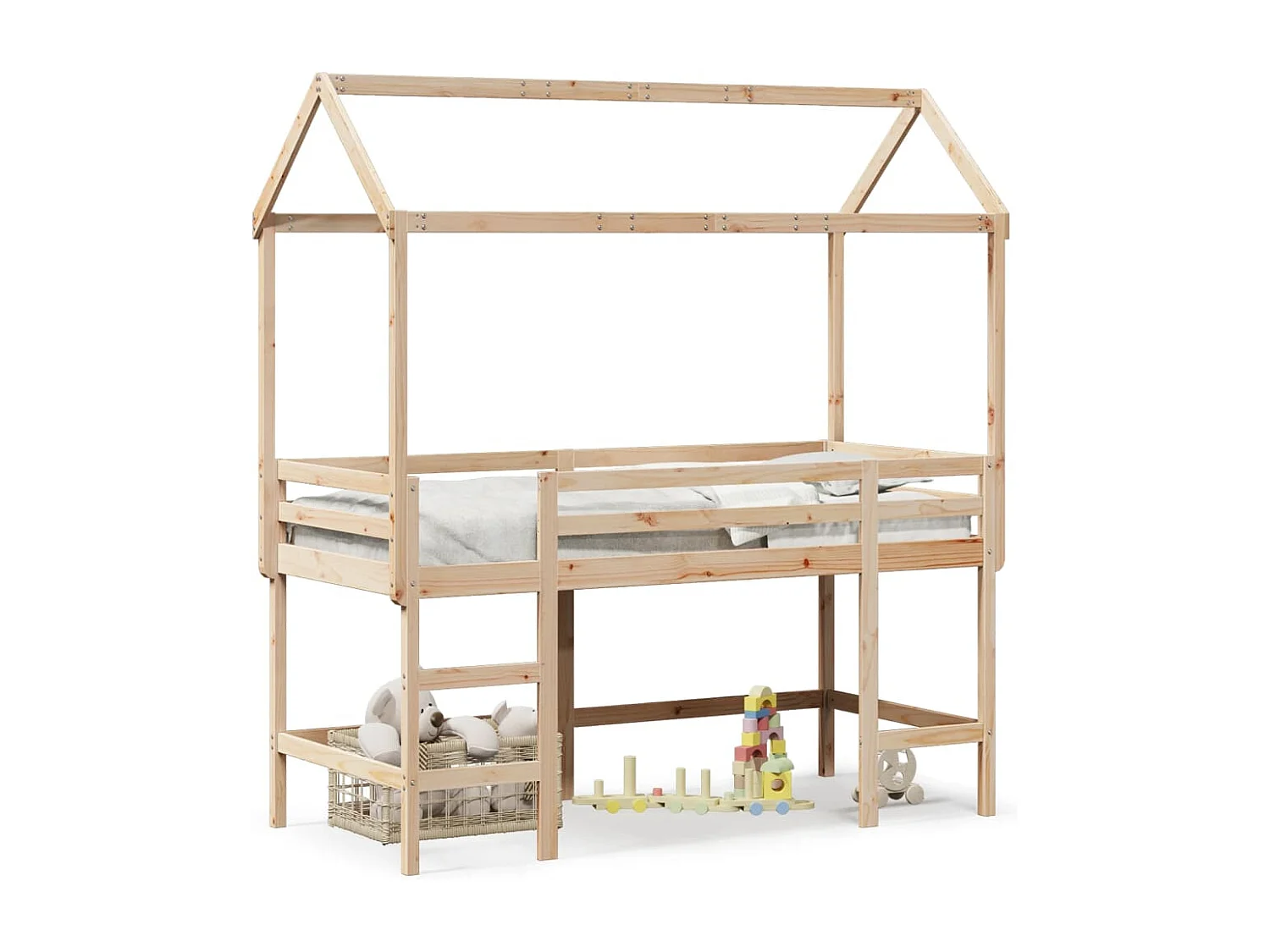 Bettgestell | Kinderbett | Hochbett mit Leiter und Dach 90x190 cm Massivholz Kiefer SHL446392