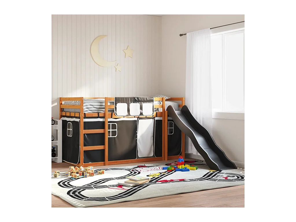 Lit simlpe-Lit superposé enfant-Cadre de lit sans matelas avec toboggan blanc noir 90x200 cm