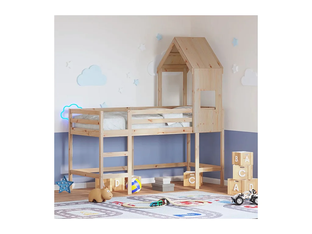 Lit simple-Lit superposé enfant avec échelle et toit sans matelas 90x190 cm