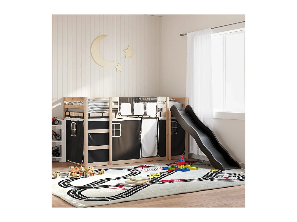 Lit simple-Lit superposé enfant sans matelas avec toboggan blanc noir 90x190 cm