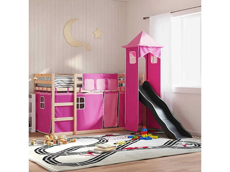 Lit simple-Lit superposé enfant sans matelas avec toboggan et rideaux 90x190 cm