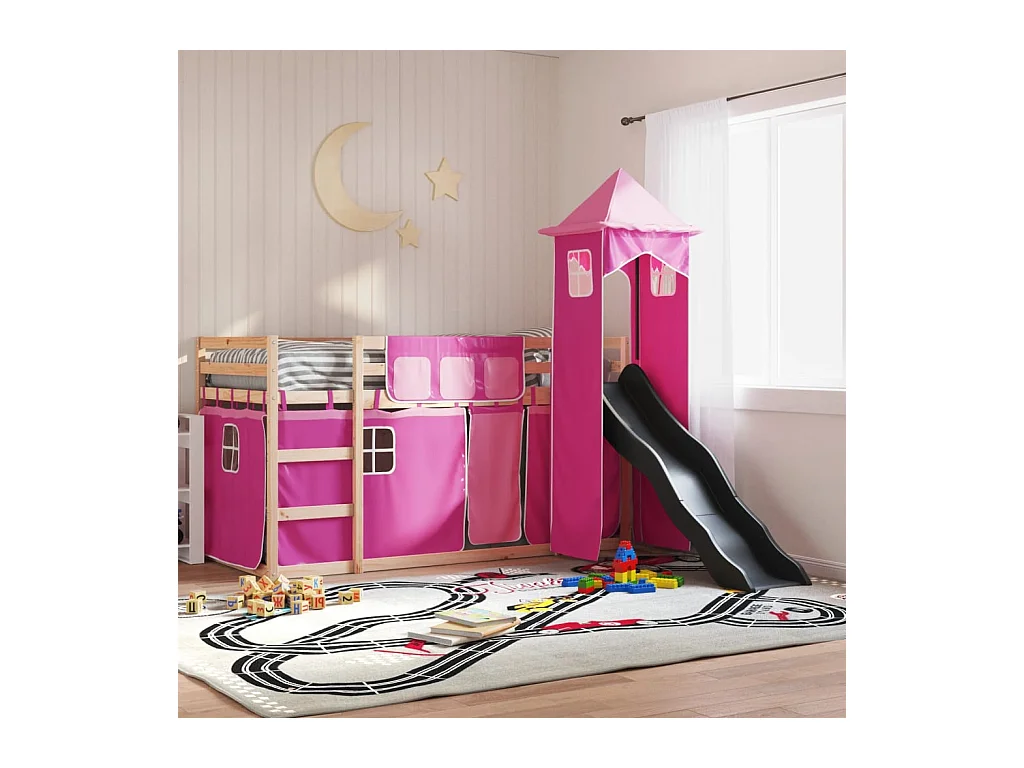 Lit simple-Lit superposé enfant sans matelas avec toboggan et rideaux 90x190 cm