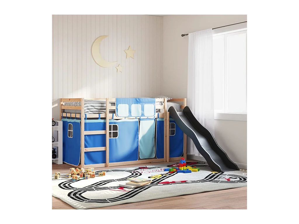 Lit simple-Lit superposé enfant sans matelas avec toboggan et rideaux 90x190 cm