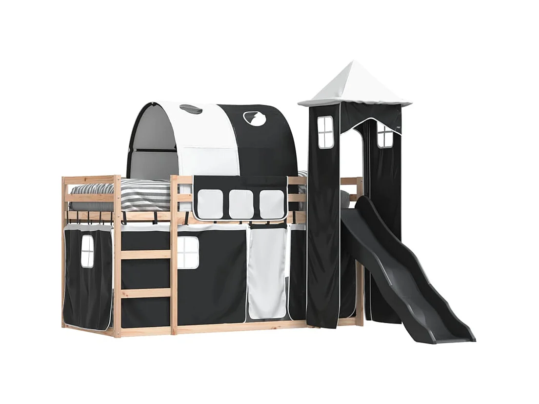 Lit simple-Lit superposé enfant sans matelas avec toboggan blanc noir 80x200 cm
