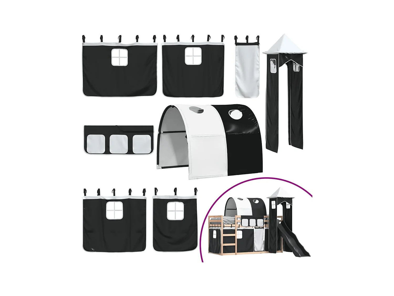 Lit simple-Lit superposé enfant sans matelas avec toboggan blanc noir 80x200 cm