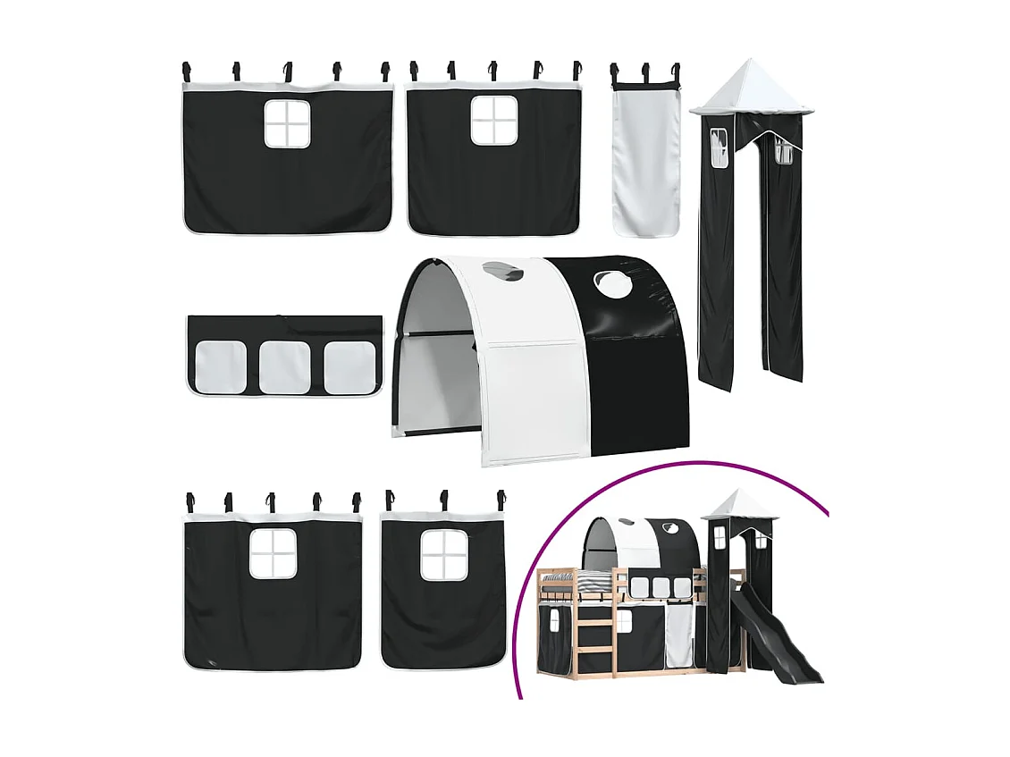 Lit simple-Lit superposé enfant sans matelas avec toboggan blanc noir 80x200 cm