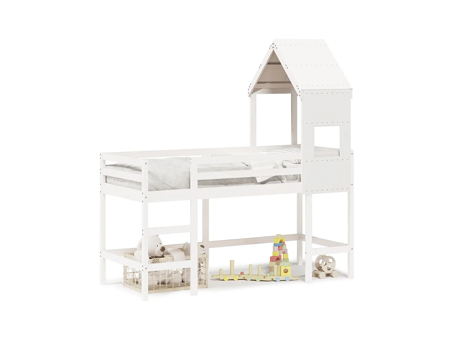 Lit simple-Lit superposé enfant avec échelle et toit sans matelas blanc 90x190 cm