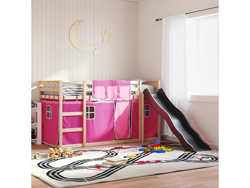 Lit simple-Lit superposé enfant sans matelas avec toboggan et rideaux 90x190 cm
