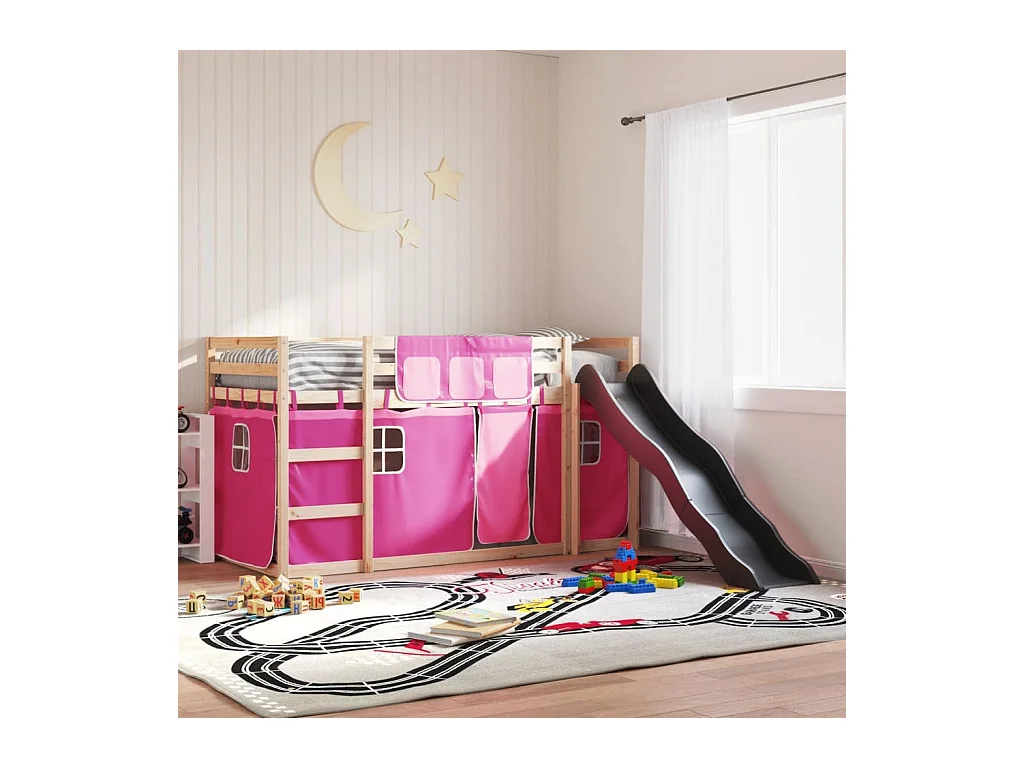 Lit simple-Lit superposé enfant sans matelas avec toboggan et rideaux 90x190 cm