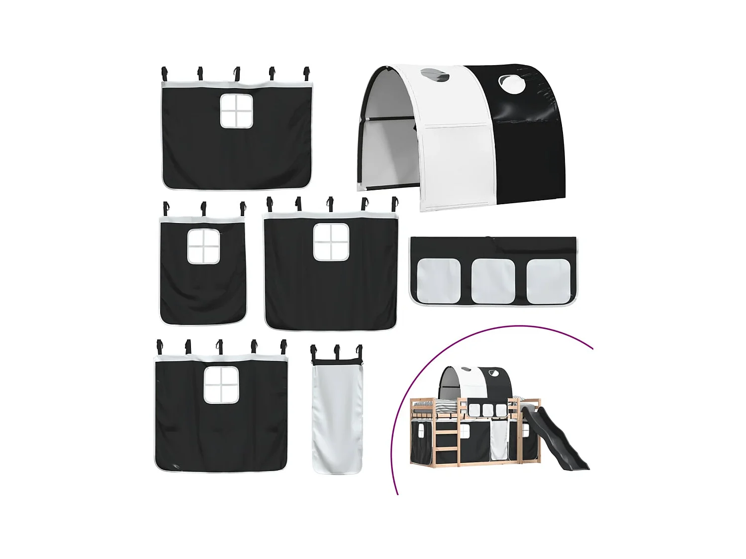 Lit simple-Lit superposé enfant sans matelas avec toboggan blanc noir 90x190 cm