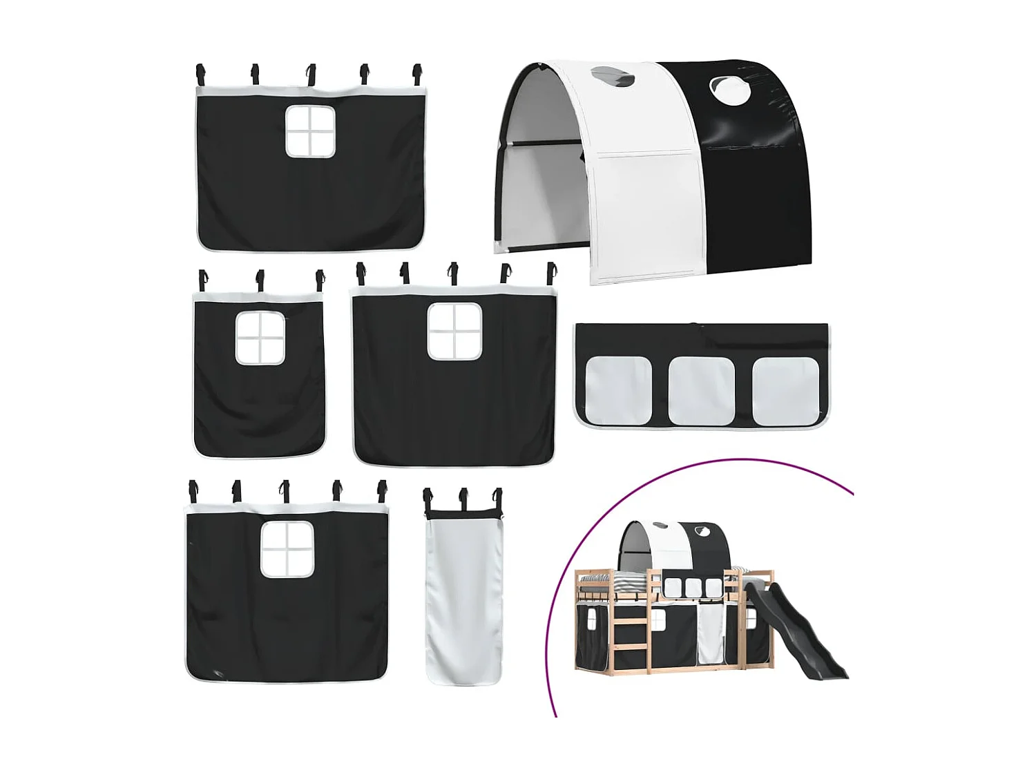 Beliche infantil com escorrega e cortinas 90x190cm branco e preto SHL20792