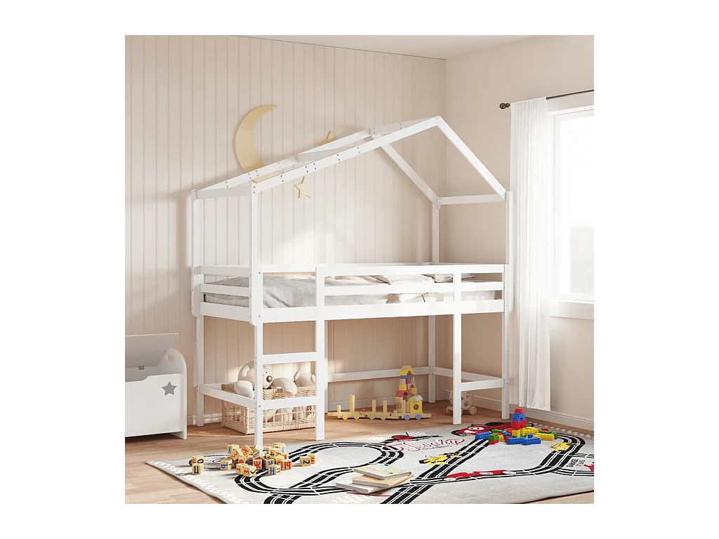 Lit simple-Lit superposé enfant avec échelle et toit sans matelas blanc 90x190 cm