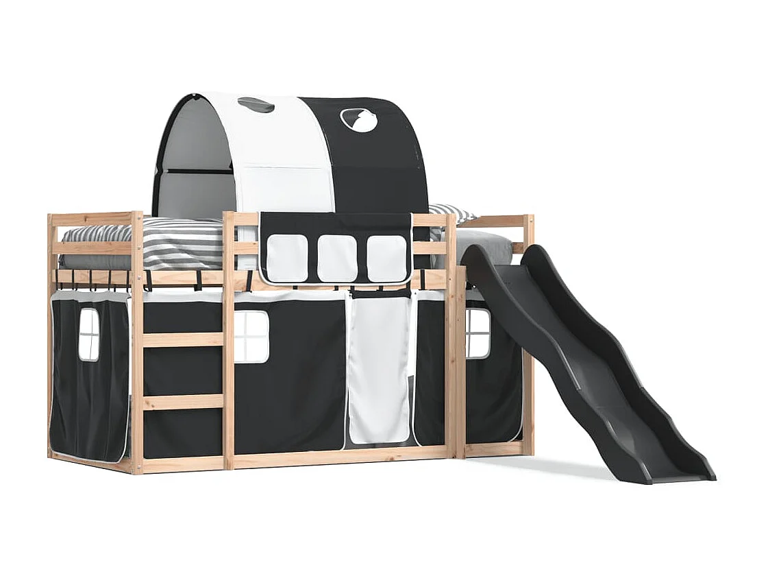 Litera para niños | Litera con tobogán y cortinas blanco y negro 90x200 cm SHL6143