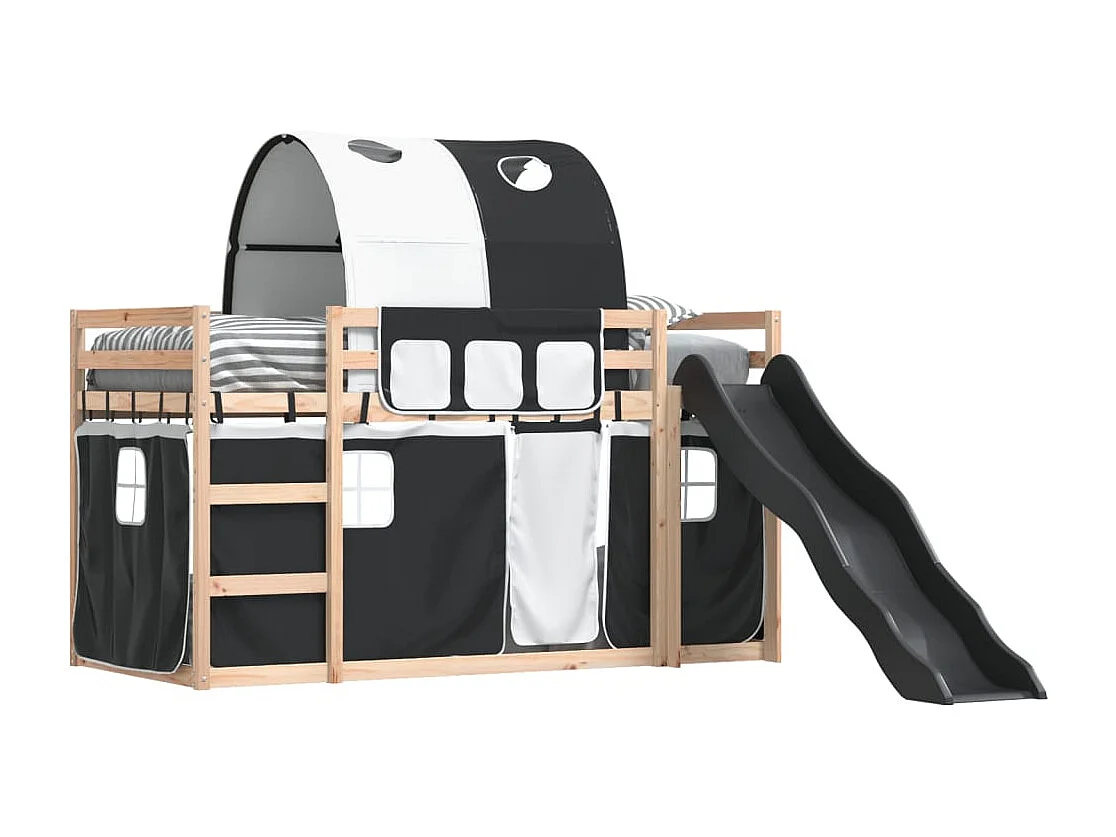 Litera para niños | Litera con tobogán y cortinas blanco y negro 90x200 cm SHL6143