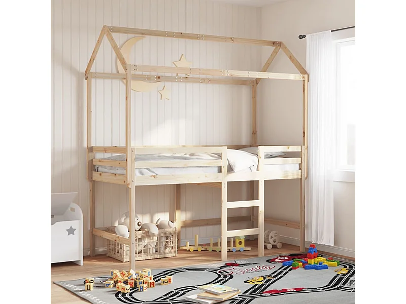 Lit simple-Lit superposé enfant avec échelle et toit sans matelas 80x200 cm