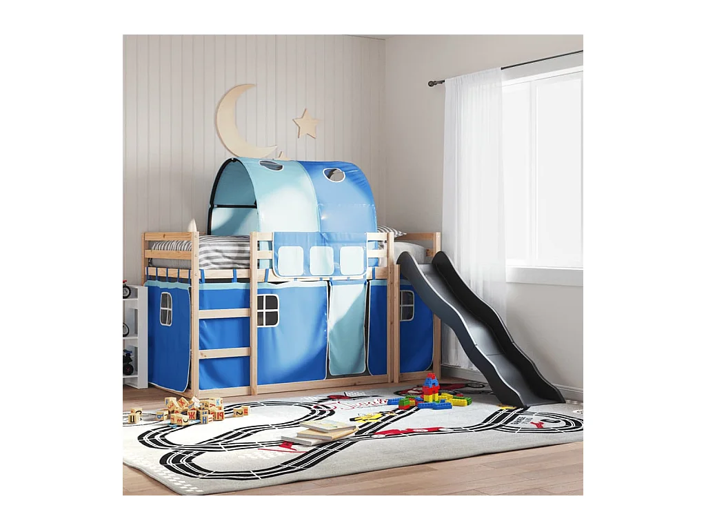 Lit simple-Lit superposé enfant sans matelas avec toboggan et rideaux 90x190 cm