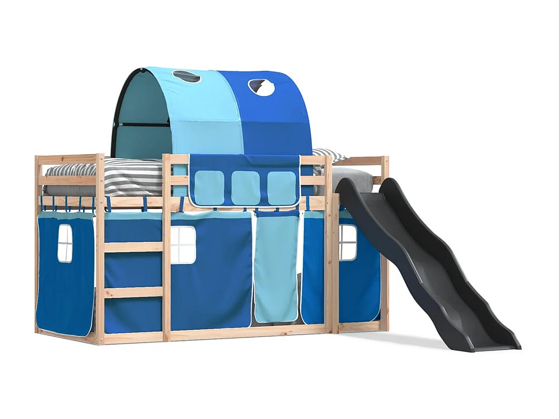 Bettgestell | Kinderbett | Etagenbett mit Rutsche und Gardinen Blau 90x190 cm SHL861716