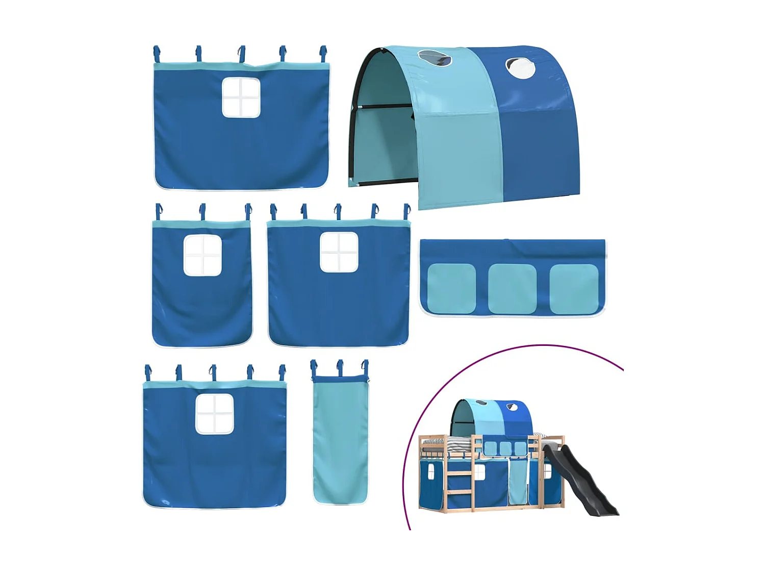 Bettgestell | Kinderbett | Etagenbett mit Rutsche und Gardinen Blau 90x190 cm SHL861716