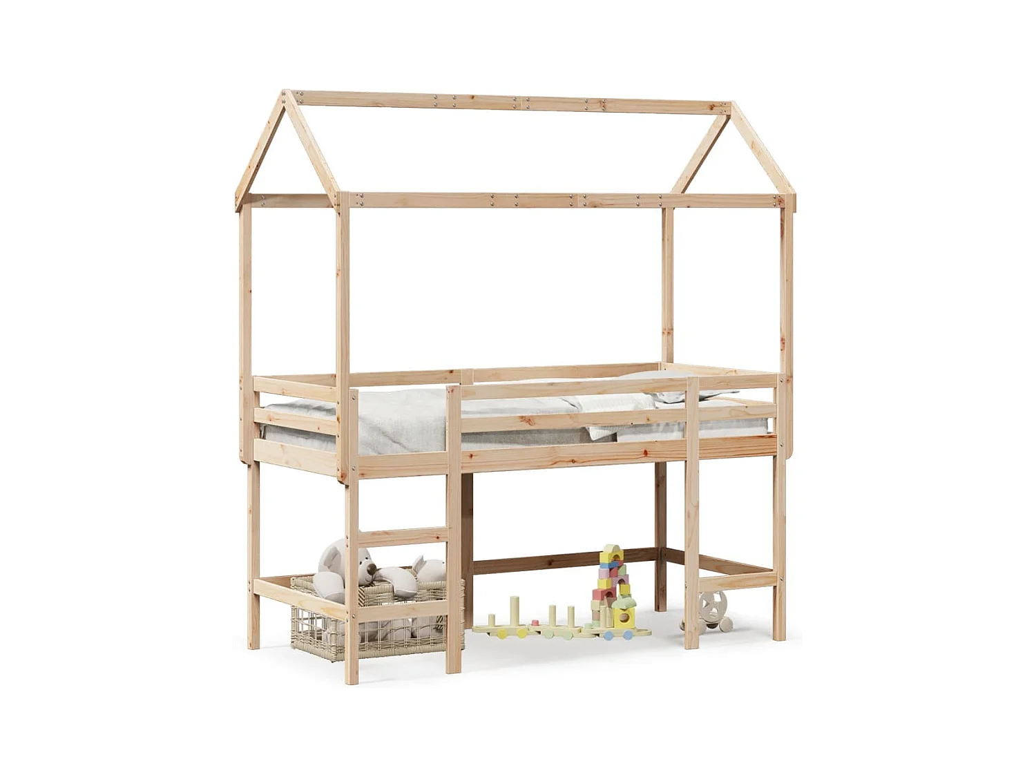 Lit simlpe-Lit superposé avec échelle et toit sans matelas 90x200 cm