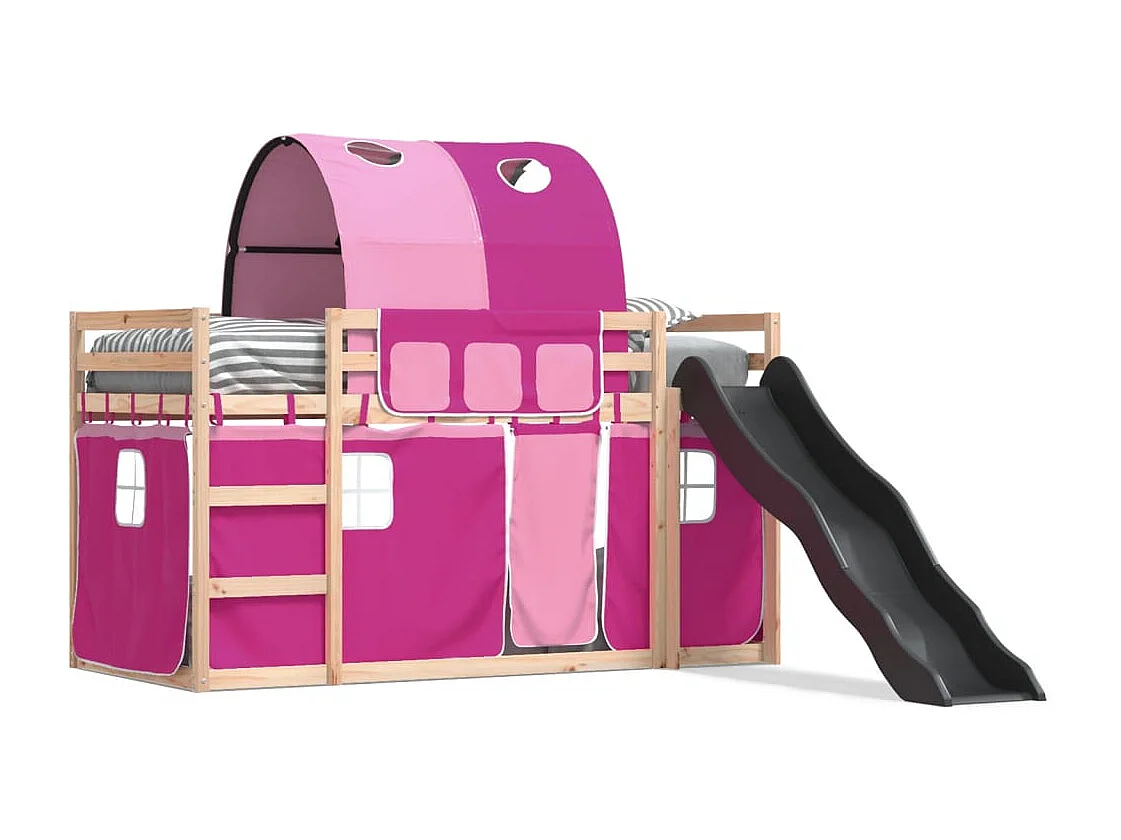 Cama individual | Litera con tobogán y cortinas rosa 80x200 cm SHL40965
