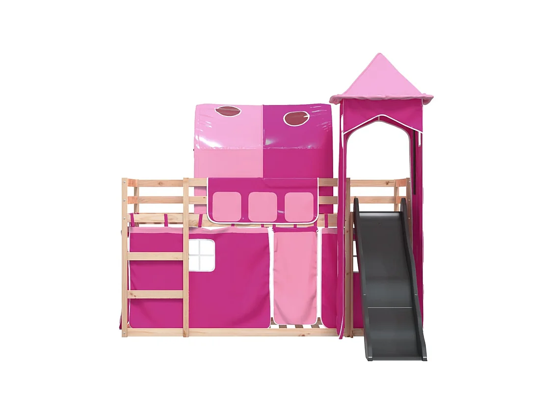 Lit simple-Lit superposé enfant sans matelas avec toboggan et rideaux 80x200 cm