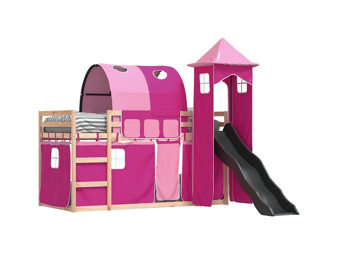 Lit simple-Lit superposé enfant sans matelas avec toboggan et rideaux 80x200 cm