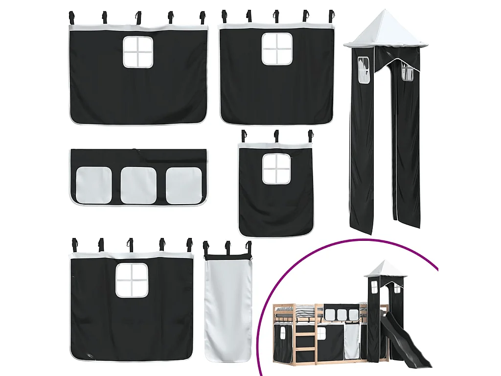 Bettgestell | Kinderbett | Etagenbett mit Rutsche und Gardinen Weiß und Schwarz 90x190 cm SHL672649