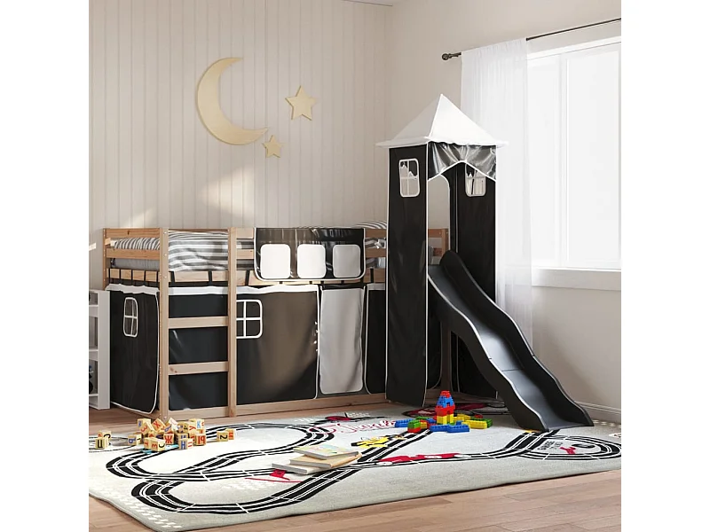 Bettgestell | Kinderbett | Etagenbett mit Rutsche und Gardinen Weiß und Schwarz 90x190 cm SHL672649