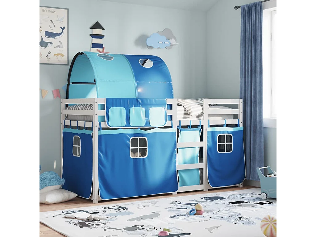 Bettgestell | Kinderbett | Etagenbett mit Vorhängen Blau 90x190 cm Massivholz Kiefer SHL58303