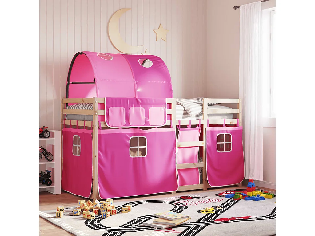 Bettgestell | Kinderbett | Etagenbett mit Vorhängen Rosa 90x190 cm Massivholz Kiefer SHL183216