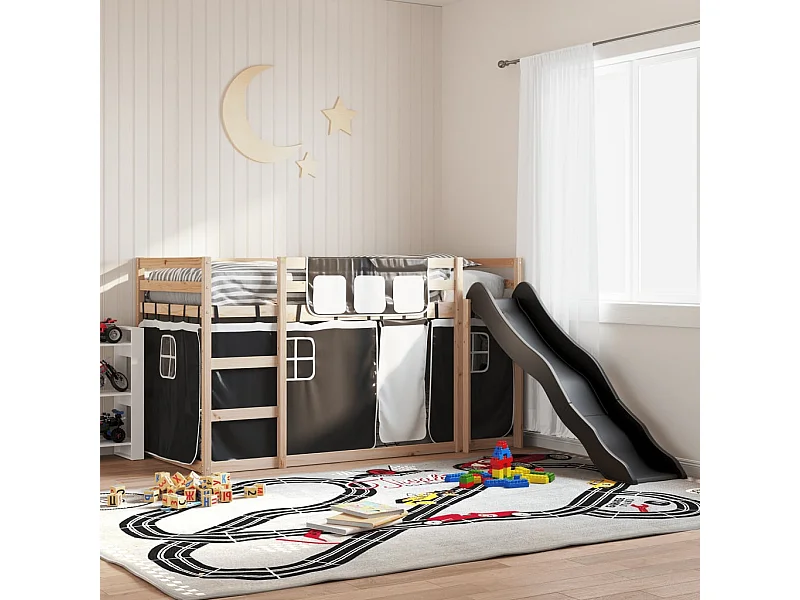 Lit simlpe-Lit superposé enfant-Cadre de lit sans matelas avec toboggan blanc noir 90x200 cm