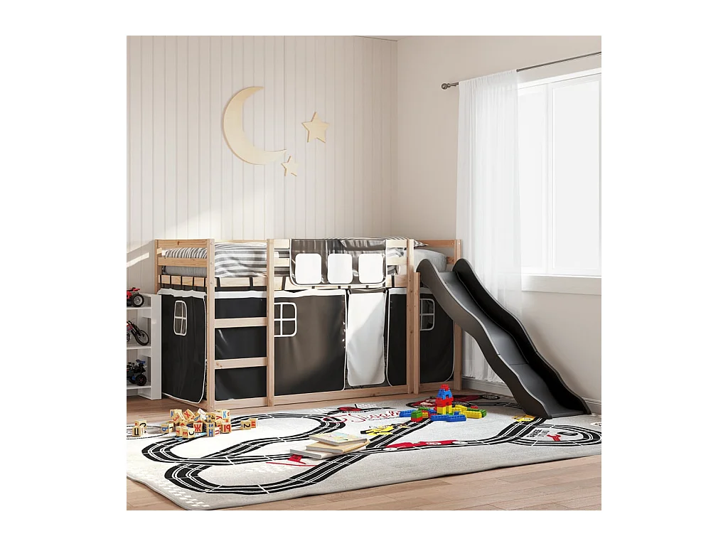 Lit simlpe-Lit superposé enfant-Cadre de lit sans matelas avec toboggan blanc noir 90x200 cm