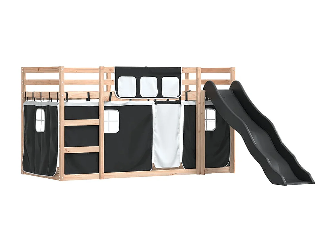 Litera para niños | Litera con tobogán y cortinas blanco y negro 90x200 cm SHL57416