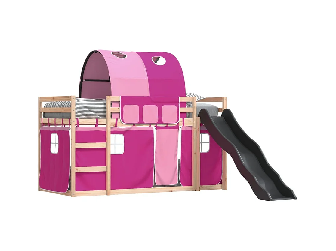 Lit simple-Lit superposé enfant sans matelas avec toboggan et rideaux 90x190 cm