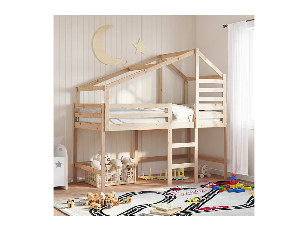 Lit simple-Lit superposé enfant avec échelle et toit sans matelas 80x200 cm