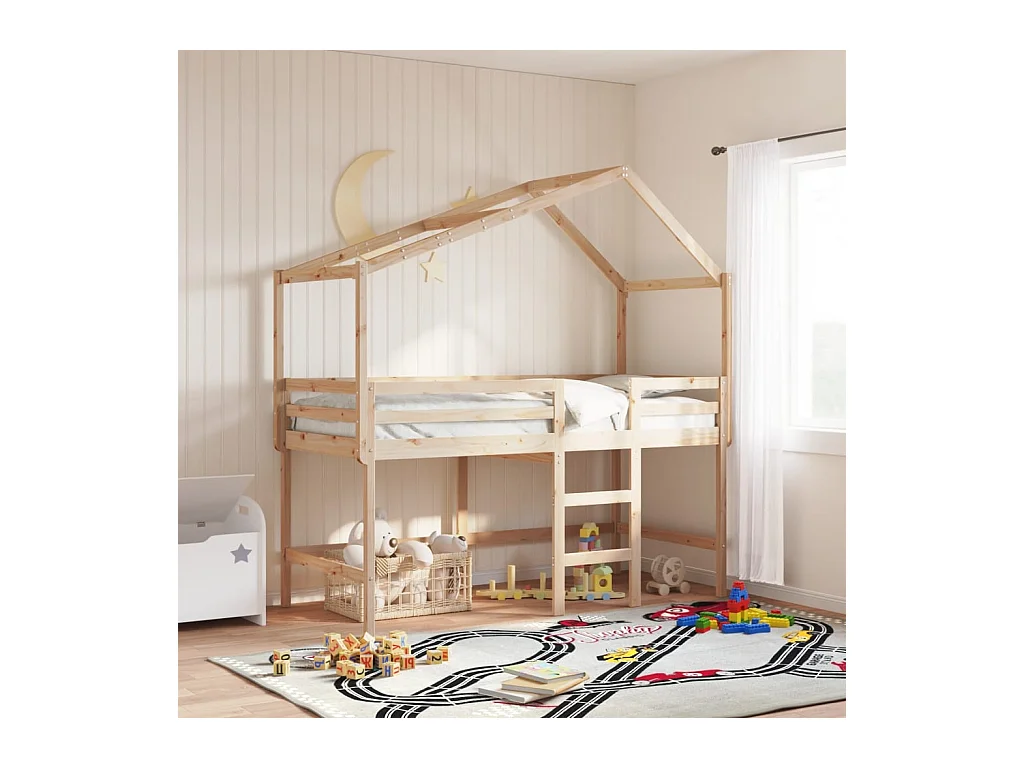 Lit simple-Lit superposé enfant avec échelle et toit sans matelas 80x200 cm